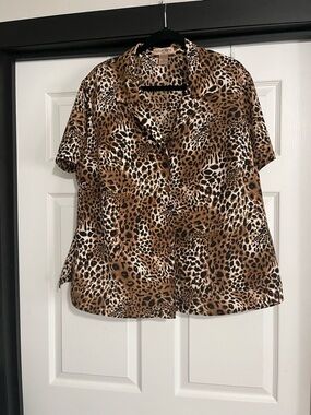 Notations Leopard Print Short Sleeve Button-Down Top - Brown, Black, Cream